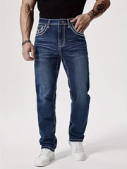Men'S Elastic Washed Denim Jeans with Thick Line Embroidery on The Front And Back Pockets