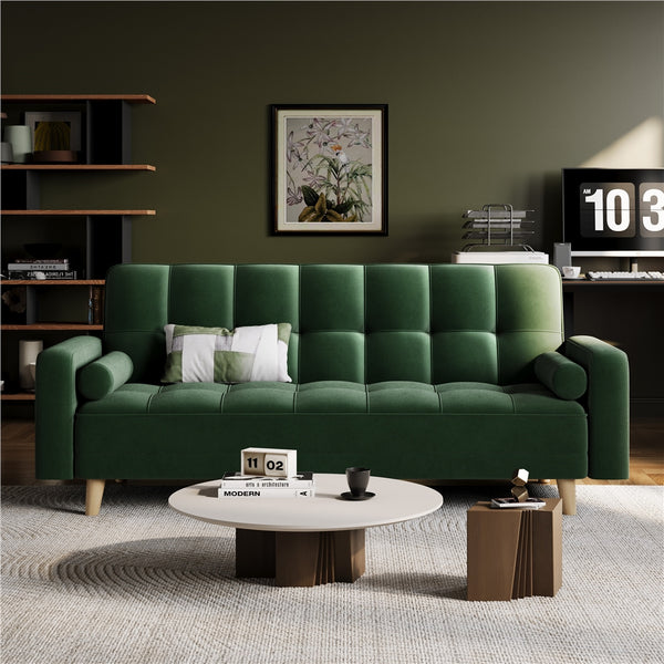 Costoffs Convertible Sofa Bed, Sofa Bed Velvet Convertible Sofa Bed 3 Seater Futon Sofa Bed with 2 Bolster Pillows and 3 Adjustable Back Angles for Apartments, Dens, Guest Rooms, Spare Rooms, Offices, and Lounges, Modern Grey/Blue/Green
