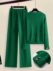 Women's 2pcs Set with Side Stripe| Crewneck Sweater & Relaxed Fit Straight Leg Pants| Soft Loungewear for Spring Autumn | European Casual Y Style