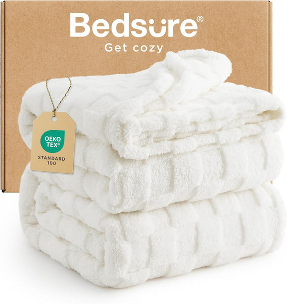 Bedsure Fleece Throw Blanket for Sofa - Fluffy Cosy Warm Blankets for Bed, Soft Cute Single Throw Gifts for Women and Girls, off White, 130X170 Cm