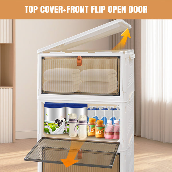 Storage Boxes with Lid - 3/4/5 Tier Plastic Storage Box with Lid, Stackable Storage Boxes with Wheels, Storage Drawers with Front Door, Plastic Box for Home and Office, White