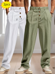 2pcs Men'S Linen Solid Color British Business Casual Straight Leg Pants with Drawstring Elastic Waistband And Button Design Casual Long Trousers Suitable for Outdoor Travel Fitness Exercise And Daily Wear Casual Outdoor Pants Linen Long Pants Lightw