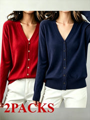 2pcs (2-Pack) Women's Soft Cardigan Sweater - V-Neck Button Button-Front Closure, -Line Regular Fit Button Collar Sweaters Suitable for Daily Wear, Spring/Summer Blouses for Office, Casual & Layering