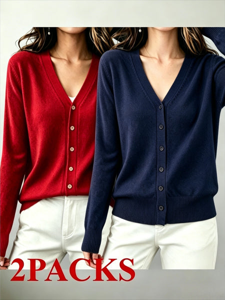 2pcs (2-Pack) Women's Soft Cardigan Sweater - V-Neck Button Button-Front Closure, -Line Regular Fit Button Collar Sweaters Suitable for Daily Wear, Spring/Summer Blouses for Office, Casual & Layering