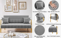 Costoffs Sofa Couch Modern Velvet Sofa Couch, 143cm Small Loveseat with Gold-tone Metal Arms & Legs, Upholstered Design, Includes 2 Pillows, Ideal for Bedroom, Home Office, Studio, Small Spaces, Light Grey/Green/Beige/Black/Pink