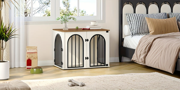 Dog Crate Furniture, 68cm Wooden Dog Crate, Indoor Kennel for Small Dogs, End Side Table Animal Crates, Anti-Chew, Anti-Escape, Arched Door Design, White Brown