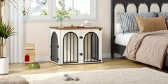 Dog Crate Furniture, 68cm Wooden Dog Crate, Indoor Kennel for Small Dogs, End Side Table Animal Crates, Anti-Chew, Anti-Escape, Arched Door Design, White Brown