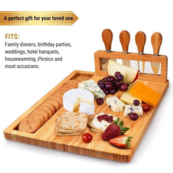 Cheese Board with Removable Tool Holder & Food-Serving Utensils | Charcuterie Boards with Dedicated Zones for Dips & Snacks | Includes Cheese-Specific Utensils & Heart-Shaped Food Cutter