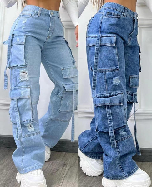2025 New European And American Fashion Solid Color Versatile Plus-Size High-Waist Multi-Pocket Casual Cargo Jeans