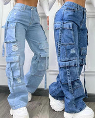 2025 New European And American Fashion Solid Color Versatile Plus-Size High-Waist Multi-Pocket Casual Cargo Jeans