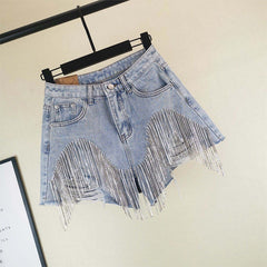 Fashionable Ladies' Shorts, Featuring Worn-out Fringed Chains and Charming Designs.