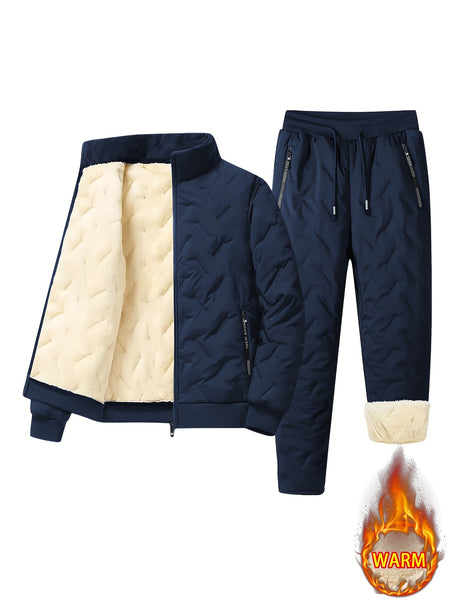 Men's 2pcs Casual Set: Fleece-Lined Thickened Jacket and Pants. Heavyweight Winter Sportswear with Zippered Cardigan Jacket, Fleece-Lined Warm Outerwear, Lamb's Lining. Matching Couple's Outfit for Men and Women. Leak-Proof Top and Pants with Elastic