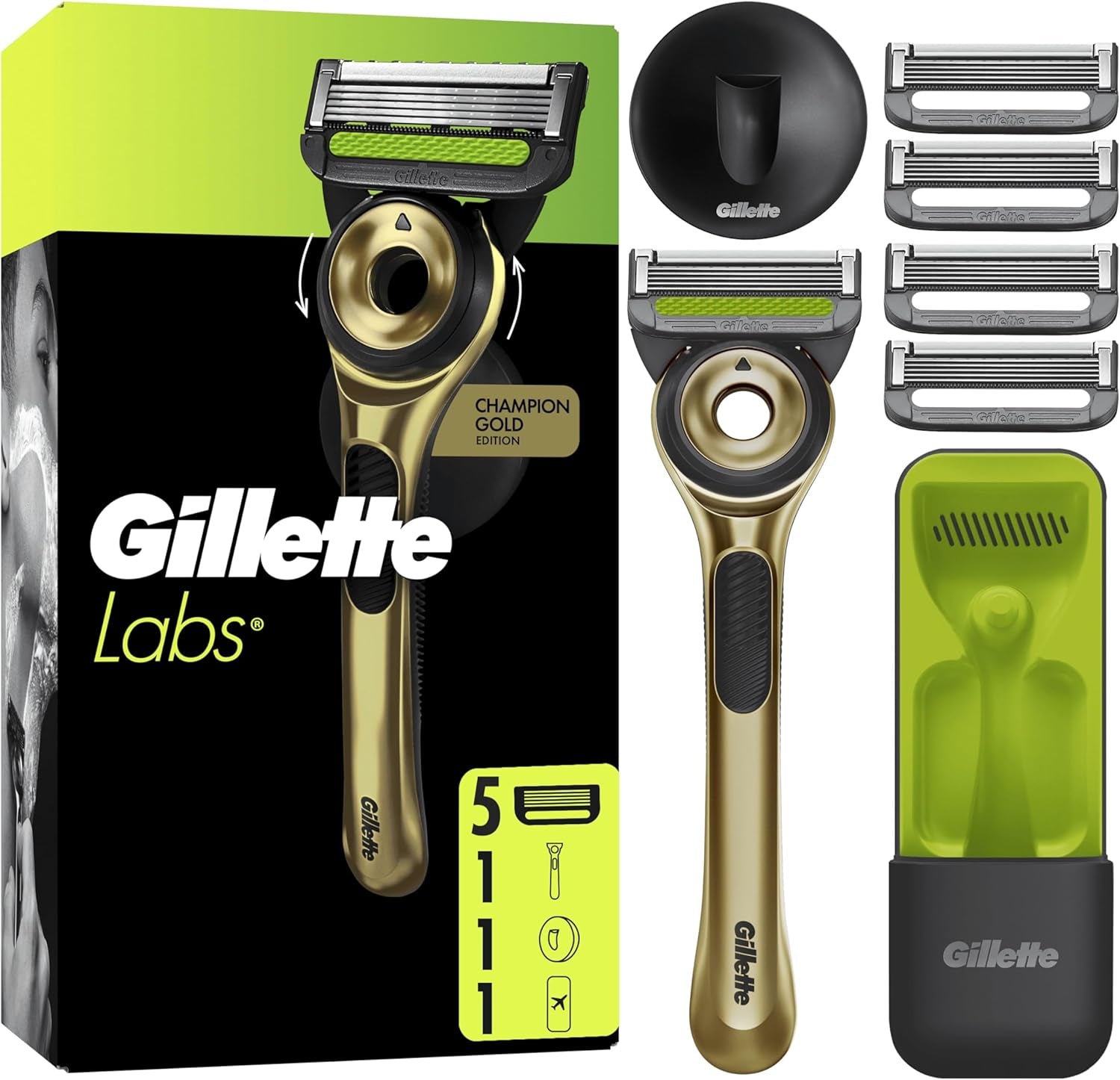 Gillettelabs with Exfoliating Bar, Razor for Men Champion Gold Edition, 1 Handle - 5 Blades, Includes Travel Case for Convenient Storage on the Go and Wall Hanger for Easy Storage in the Bathroom
