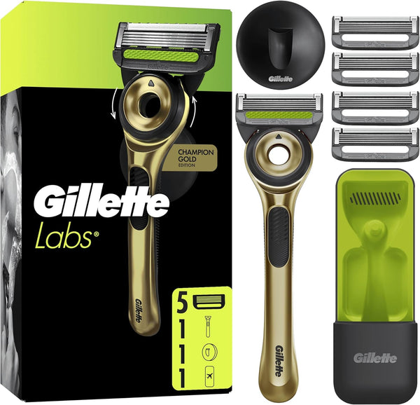 Gillettelabs with Exfoliating Bar, Razor for Men Champion Gold Edition, 1 Handle - 5 Blades, Includes Travel Case for Convenient Storage on the Go and Wall Hanger for Easy Storage in the Bathroom