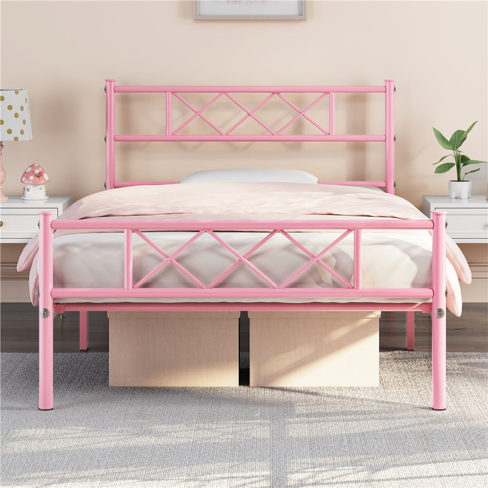 Costoffs Bed Frame, Simple Metal Bed Frame, Metal-Framed Bed Base with Storage, Bed Foundation for Small Space, Easy Assembly Bed Foundation with Cross-design Headboard and Footboard for Bedrooms, Single/Double/king, Black/White/Pink