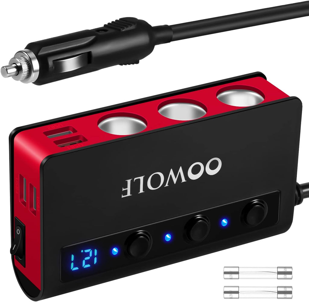 OOWOLF Cigarette Lighter Adapter 140W Cigarette Lighter USB Charger with 12V USB Socket Dual Plug/Port & Extension Lead Fast Charge for All Car Devices