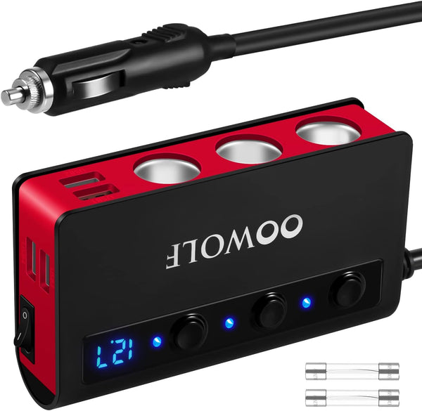 OOWOLF Cigarette Lighter Adapter 140W Cigarette Lighter USB Charger with 12V USB Socket Dual Plug/Port & Extension Lead Fast Charge for All Car Devices