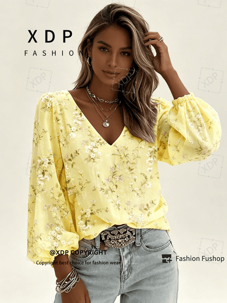 2D Flat Print Retro Western Style Shirt| V-neck Women's Long-sleeved Top with Colorful Small Floral Print, Bohemian Style Lantern Sleeve Design, Machine Washable, Suitable for Casual Attire and Vacations, 2D Flat