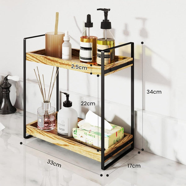 2 Tier Spice Racks Wood & Metal Organiser - Multipurpose Storage Shelf for Coffee Station, Bathroom Vanity, Kitchen Countertop (34x33x17cm) - Rustic British Home Decor