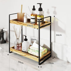 2 Tier Spice Racks Wood & Metal Organiser - Multipurpose Storage Shelf for Coffee Station, Bathroom Vanity, Kitchen Countertop (34x33x17cm) - Rustic British Home Decor