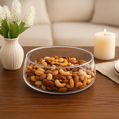 Glass Fruit Bowl with Wooden Lid, Decorative Serving Bowl with Acacia Tray Cover – Large Clear Storage Bowl for Fruit, Snacks, Sweets, Salad or Table Display