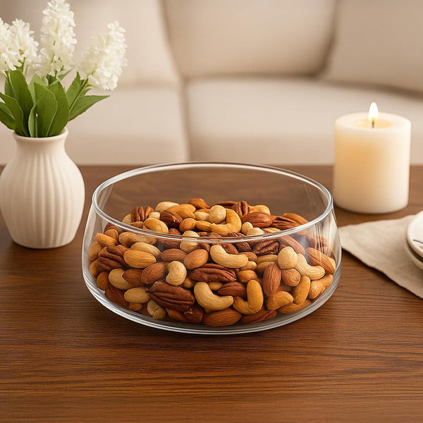 Glass Fruit Bowl with Wooden Lid, Decorative Serving Bowl with Acacia Tray Cover – Large Clear Storage Bowl for Fruit, Snacks, Sweets, Salad or Table Display
