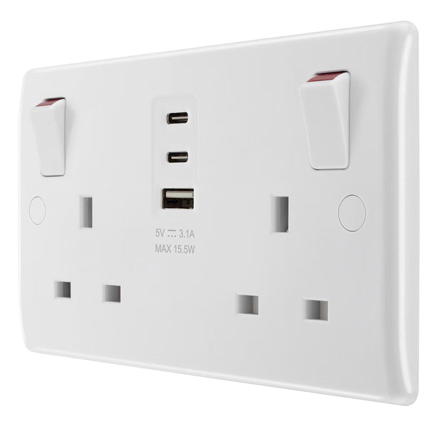 Masterplug Double 13A Switched Sockets with 15W USB a & 2X C Charger Ports, Pack of 2
