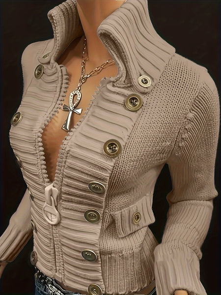 Christmas Women's Elegant Cardigan - Front Zipper & Multi Buttons, Stand-Up Collar Sweater, Structured Fit for Office, Party, Everyday - All-Season Chic Outerwear, Office Wear, Textured Knitwear, Ribbed Texture, Stylish Coverup, Working Professionals
