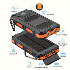 20000mAh Portable Solar Power Bank, Portable Solar Mobile Phone Charger, Camping External Battery Charger for Mobile Phones, 2 USB/ LED Flashlights with Compass for Outdoor Activities