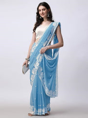 Estationeryhouse Women's Georgette Embroidery Border Work Designer Saree with Blouse Piece