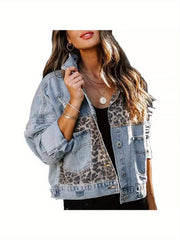 New Leopard Print Fashion Patchwork Torn Denim Top Casual Jacket, Casual Autumn Wear | Patchwork Denim Jacket | Glossy Fabric Finish
