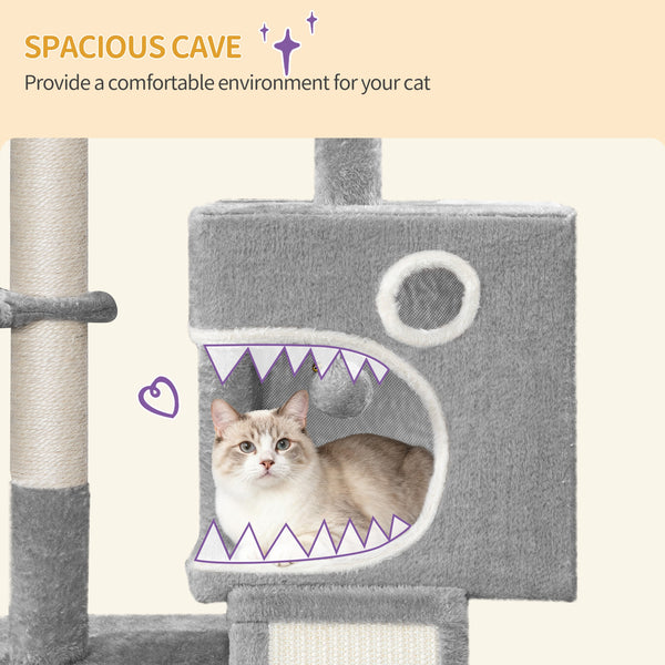 98cm Cat Tree, Cat Tower for Indoor Cats, Multi-Level Cats House Furniture with Scratching Post, 2 Caves, Large Platform, Scratching Ramp, Pompom, Light Grey