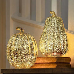 Marco Paul Extra Large Gold Light Up Pumpkin & Squash Pair - 2 Pack Autumn Decorations with Warm LED Lights & 6hr Timer - Plastic Pumpkins for Halloween Ornaments, Autumnal Decor & Seasonal Styling