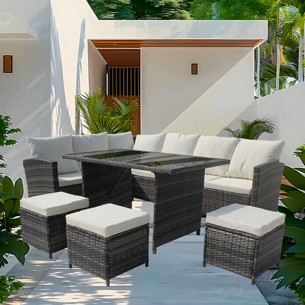 9Seats Garden Furniture Set Rattan Outdoor Corner Sofa Wicker Dining Table Chair for Patios Conservatories Rectangular