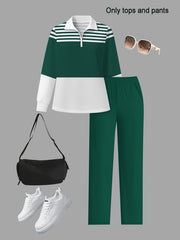 Women's 2pcs Suit Set - Striped Half-Pallet Pullover Top & Solid Color Pants with Zipper Closure, High-Elasticity Straight Leg Pants, Loose Fit for Commuting, Office & Daily Wear - All-Season Professional Attire (2pcs Matching Set)