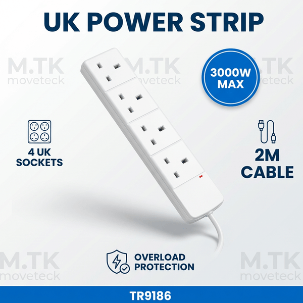 MTK 4 Way Power Strip Extension Lead with 2M Cable, 13A 3000W Max Safety Overload Protection, Fire-Resistant PP White Extension Socket for Home Office Travel Computer & Appliances
