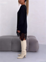Women'S Lace-Panel Sweatshirt | Fashionable Mid-Length Pullover with Slit Detail, Casual Oversized Off-the-Shoulder Long-Sleeved Sweatshirt Dress, Sweet-Edgy Leisure Style, Comfort and Refinement, Fall/Winter, Crew Neck, Medium Stretch Fabric - XIUD