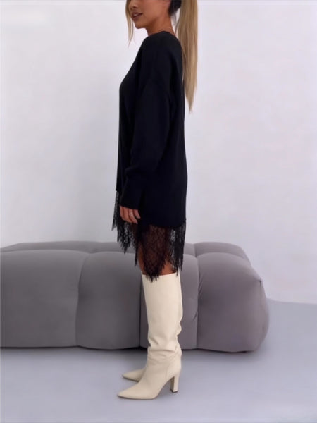 Women'S Lace-Panel Sweatshirt | Fashionable Mid-Length Pullover with Slit Detail, Casual Oversized Off-the-Shoulder Long-Sleeved Sweatshirt Dress, Sweet-Edgy Leisure Style, Comfort and Refinement, Fall/Winter, Crew Neck, Medium Stretch Fabric - XIUD