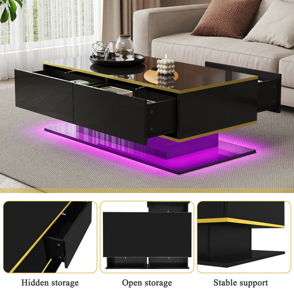 Modern LED coffee table, 100cm high gloss white coffee table, with 3 drawers and RGB light strips, adjustable color/brightness, gold edge, PB board material, suitable for living room, bedroom, lounge, studio - with a load-bearing capacity of 50kg and spac