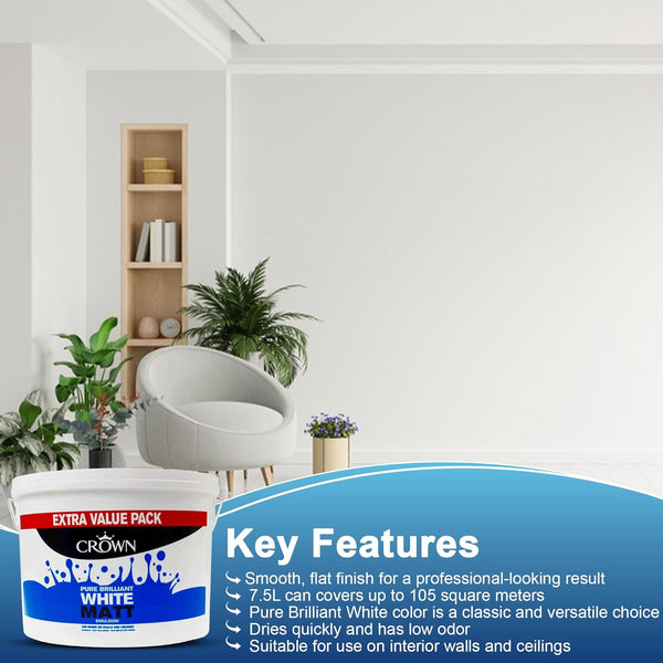 CROWN Matt Emulsion Paint 7.5L Pure Brilliant White | Wall'S and ceilings | Value Tub 7.5 Litre