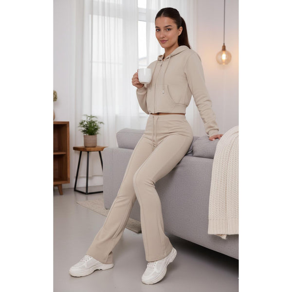 ZIPLORE Women'S Cropped Zip Hoodie and High-Waisted Bell Bottom Trousers Lounge Set for Casual, Athleisure & Streetwear - Suits, Womenswear Long Sleeve Minimalist Suits Womenswear Comfort Adjustable Clothing Drawstring Elegant Everyday Chic Loungewear Mat