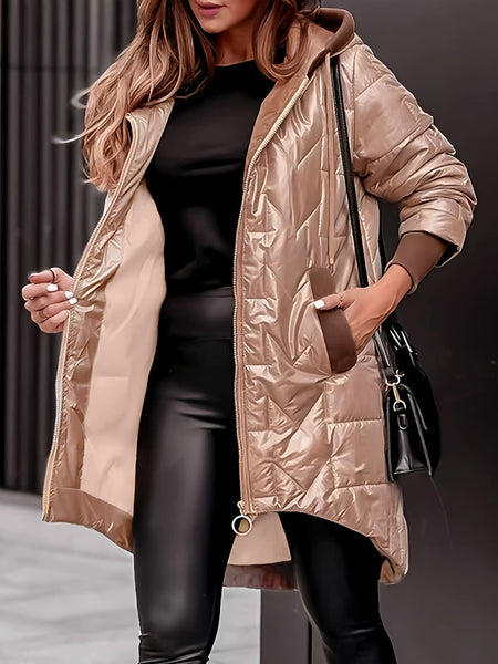 Women's Warm Winter Coat, Hooded Jacket, Mid-Length with Pockets and Asymmetrical Hem Padded Coat