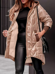 Women's Warm Winter Coat, Hooded Jacket, Mid-Length with Pockets and Asymmetrical Hem Padded Coat