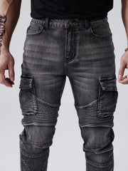 ESDVQ Men's Stretch Jeans - Slim Fit Stretch Pants with Multiple Utility Pockets, Stretch Denim for Everyday & Formal Wear - All-Season Skinny Jeans for Men, Casual Outfit, Edgy Fashion, Reinforced Seams, Stylish Trousers, Fashion Enthusiasts