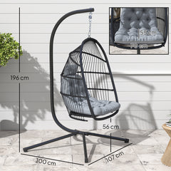 Rattan Hanging Egg Chair with Stand, Foldable Wicker Swing Egg Chair with Cushion, Head Pillow, Steel Frame, Hammock Chair for Indoor Outdoor, Capacity 150 kg, Dark Grey