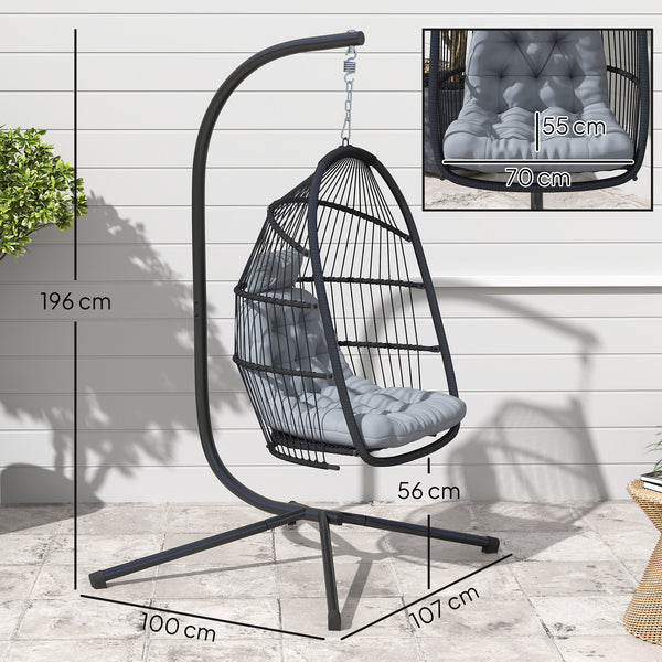Rattan Hanging Egg Chair with Stand, Foldable Wicker Swing Egg Chair with Cushion, Head Pillow, Steel Frame, Hammock Chair for Indoor Outdoor, Capacity 150 kg, Dark Grey