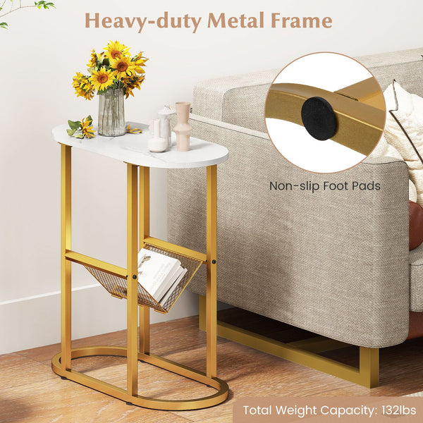GOFLAME 2-Tier Narrow Side Table with Magazine Holder for Living Room Bedroom, White