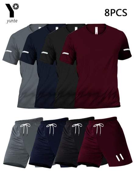 8pcs Printed Design Men's Casual Sportswear Set, Quick-Dry Breathable Men's Short Sleeve Crew Neck T-Shirt and Elastic Waist Shorts with Pockets, Suitable for Spring, Summer, Autumn Sports Activities and Fitness Workouts