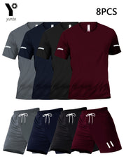 8pcs Printed Design Men's Casual Sportswear Set, Quick-Dry Breathable Men's Short Sleeve Crew Neck T-Shirt and Elastic Waist Shorts with Pockets, Suitable for Spring, Summer, Autumn Sports Activities and Fitness Workouts
