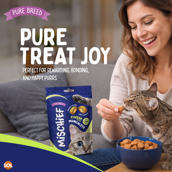 Pure Breed Mischief Cat Treats 6 Pack | Cheese Flavour Pillow Snacks for Cats | Crunchy Outer & Creamy Centre | Low Calorie Cat Bites (Only 2 kcal Each) | Natural Resealable Cat Treat Pouches for Everyday Rewards